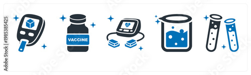 A set of 5 mix icons as diabetes test, vaccine, defibrillator