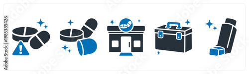 A set of 5 mix icons as expired medicine, pill tablet, pharmacy store