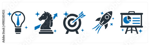 A set of 5 mix icons as business idea, business strategy, target goal