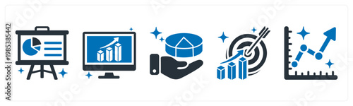A set of 5 mix icons as presentation board, dashboard, market share
