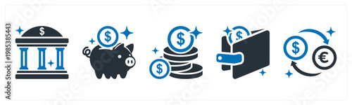 A set of 5 mix icons as bank, piggy bank, coins