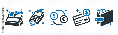 A set of 5 mix icons as cash register, pos machine, currency exchange
