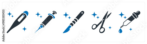 A set of 5 mix icons as thermometer, syringe, scalple,