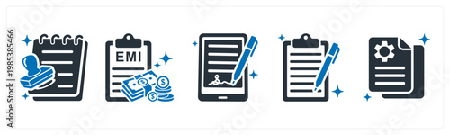 A set of 5 mix icons as loan approval, emi payment, agreement
