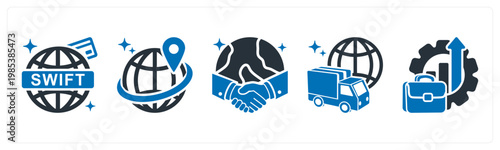 A set of 5 mix icons as swift payment, expansion, international trade
