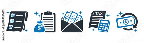 A set of 5 mix icons as receipt, loan, salary