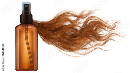 A hair care product with a bottle and flowing locks of hair