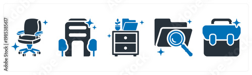 A set of 5 mix icons as office chair, office, filing cabinet