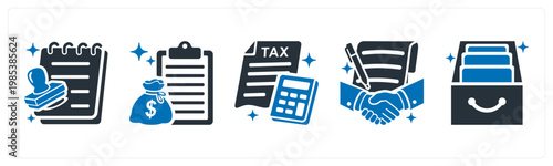 A set of 5 mix icons as loan approval, loan, tax