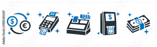 A set of 5 mix icons as currency exchange, pos machine, cash register