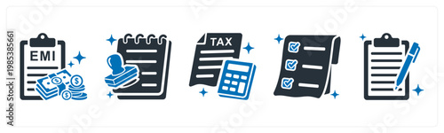 A set of 5 mix icons as emi payment, loan approval, tax