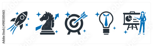 A set of 5 mix icons as startup, business strategy, target goal