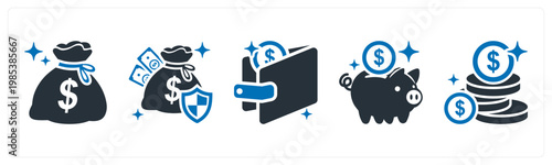 A set of 5 mix icons as money bag, financial secrurity, wallet