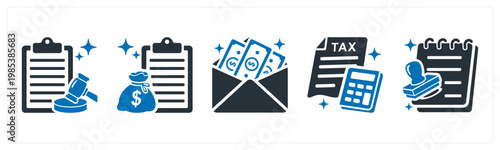 A set of 5 mix icons as compliance, loan, salary