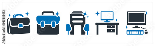 A set of 5 mix icons as briefcase, office, desk, computer