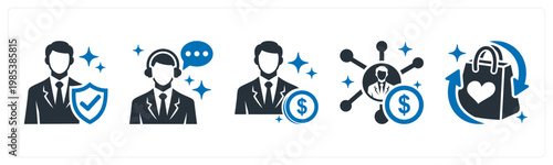 A set of 5 mix icons as verified buyer, chat support, affiliate