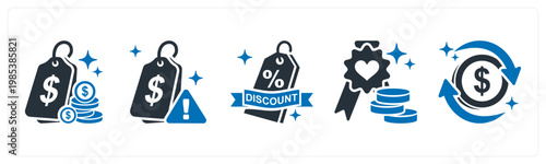A set of 5 mix icons as lowest price, price alert