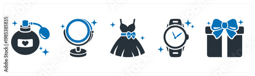 A set of 5 mix icons as perfume, mirror, dress