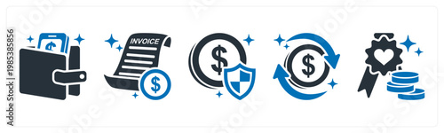 A set of 5 mix icons as digital wallet, invoice, payment success