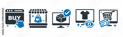 A set of 5 mix icons as purchase, vendor store, order confirmation