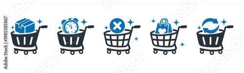 A set of 5 mix icons as bulk order, pre order, remove from cart