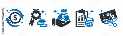 A set of 5 mix icons as cashback, loyalty points, revenue