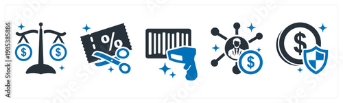 A set of 5 mix icons as price comparison, coupon, barcode scan