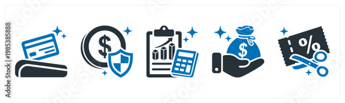 A set of 5 mix icons as card swipe, payment success, sales report