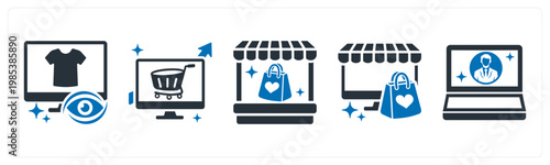 A set of 5 mix icons as recently viewed, ecommerce growth, vendor store