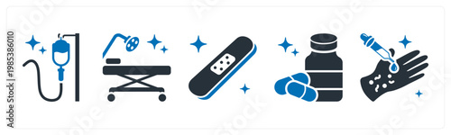 A set of 5 mix icons as iv drip, operation theatre, bandage