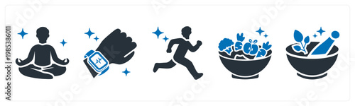 A set of 5 mix icons as meditation, fitness tracker, running