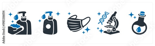 A set of 5 mix icons as sanitizer bottle, surgical mask, gene testing