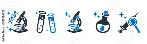 A set of 5 mix icons as gene testing, test tube, microscope