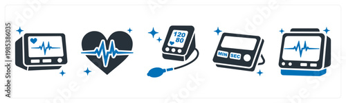 A set of 5 mix icons as ecg monitor, pulse heartbeat, blood pressure monitor