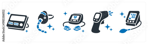 A set of 5 mix icons as lab timer, oxygen mask, defibrillator