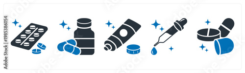 A set of 5 mix icons as blister pack, antibiotics, ointment tube,
