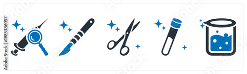 A set of 5 mix icons as vaccine research, scalpel, surgical scissors