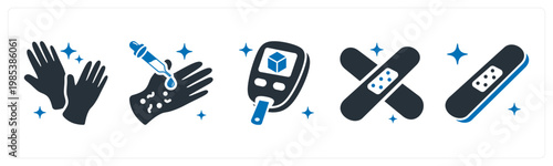 A set of 5 mix icons as lab gloves, allergy test, diabetes test