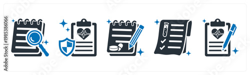 A set of 5 mix icons as research paper, health insurance, prescription