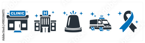 A set of 5 mix icons as clinic, hospital building, emergency siren