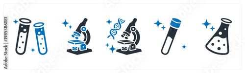 A set of 5 mix icons as test tube, microscope, gene testing