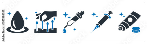 A set of 5 mix icons as blood drop, acupunture, medicine dropper