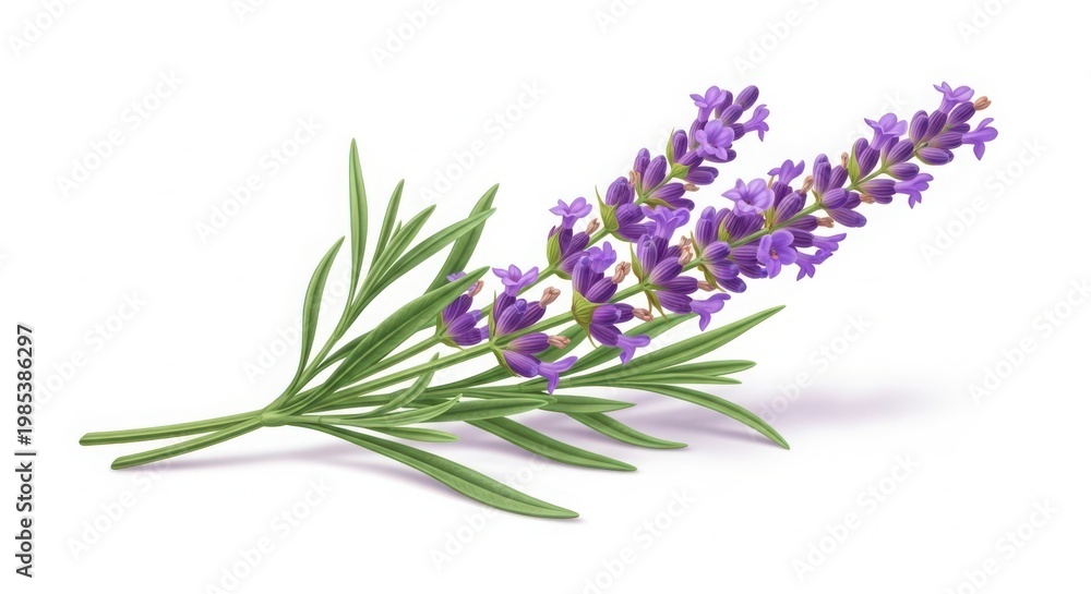 Obraz premium Lavender flowers with green leaves on white background