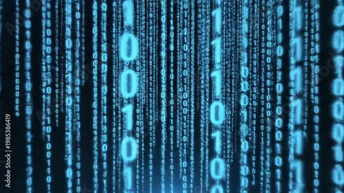 Digital Rain of Binary Code Falling Down - Blue Abstract Background