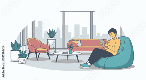 Man relaxing in bean bag chair with tablet in modern living room with city view
