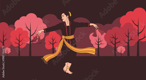 Traditional Dancer Woman Performing with Fans in Autumn Forest