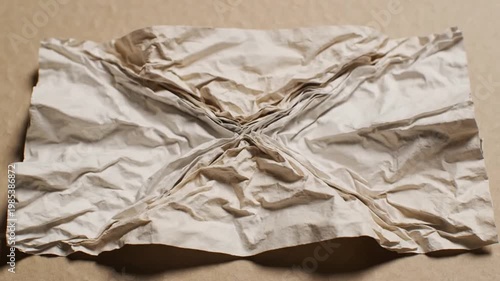 Abstract crumpled paper ball on beige background, close-up