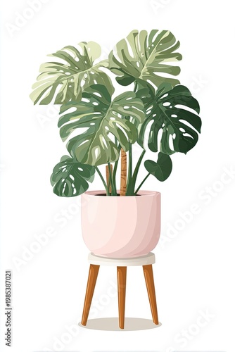 Lush Monstera Deliciosa plant in pink pot, standing on a wooden plant stand