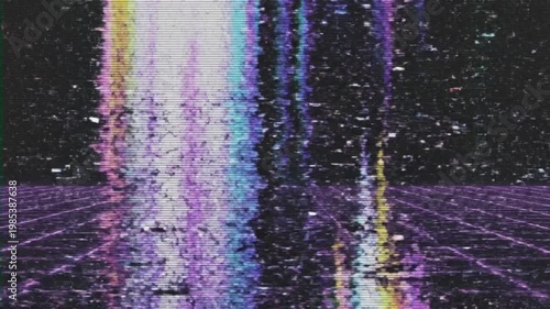Retro Grid Landscape with Glitch and Neon Bars