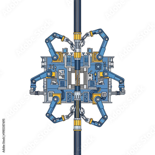 Advanced robotic assembly line with multiple arms building complex machinery